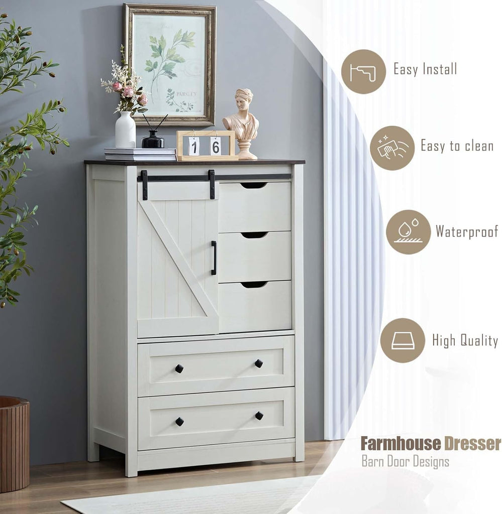 Antique White Dresser with 5 Drawers, 5 Chest of Drawers with Sliding Barn Door, Farmhouse Dresser