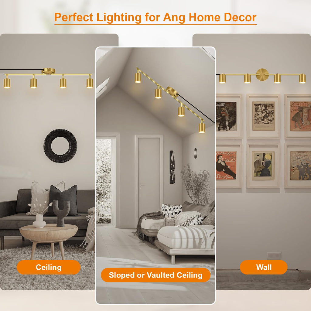 Track Lighting Plug in, LED Track Lighting Fixtures Ceiling Kit, Gold 4-Light Ceiling Light Plug-in, Wall Light