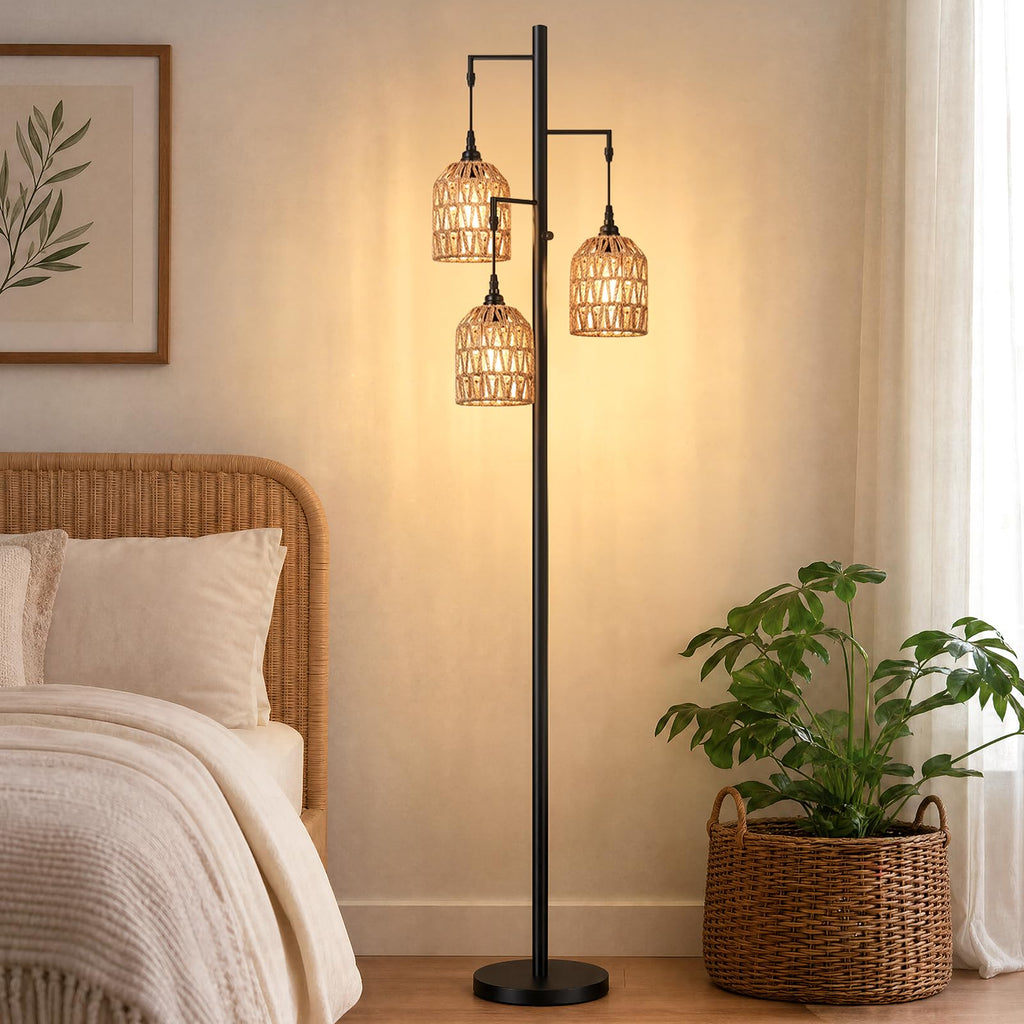 70'' Tall Floor Lamp, 3-Light Rattan Standing Lamp, Black