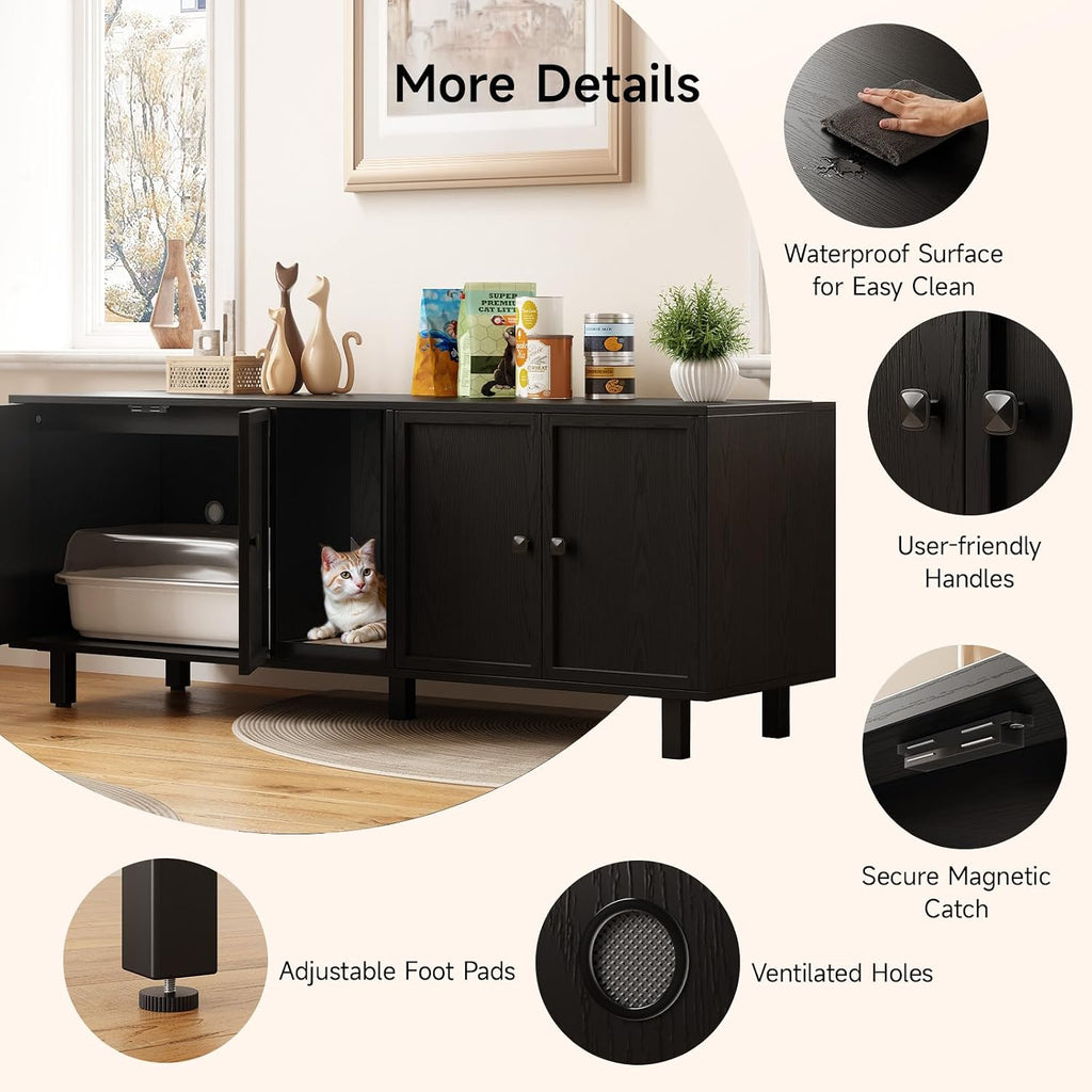 63 Inches Cat Litter Box Enclosure for 2 Cats, Black