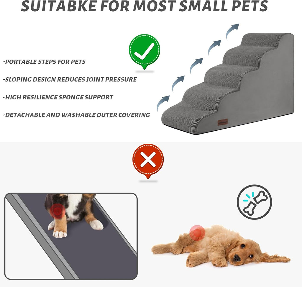 Dog Stairs for High Bed, 5-Step Pet Ramp for Small Dogs and Cats