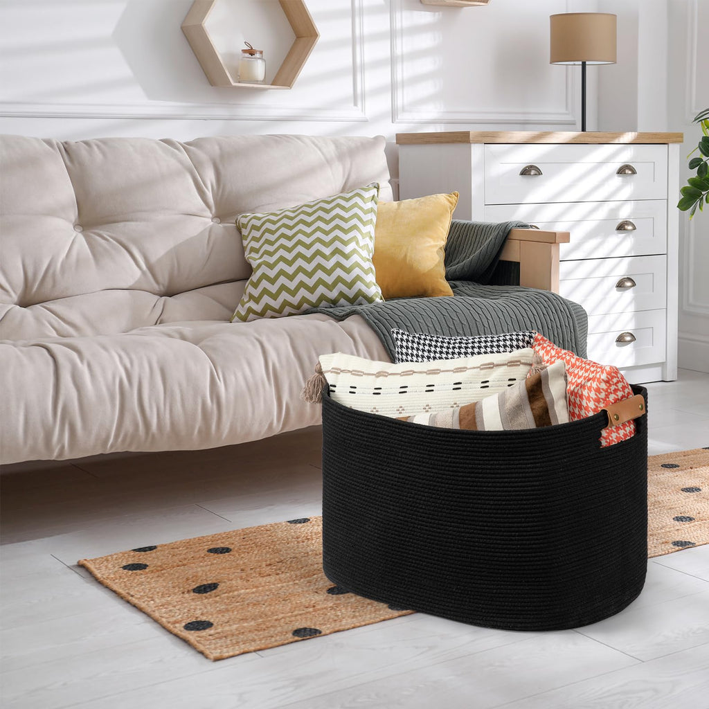 Large Woven Basket, 108 L Blanket Basket Bin for Toys Organizing & Laundry, Cotton Rope Hamper with Leather Handle