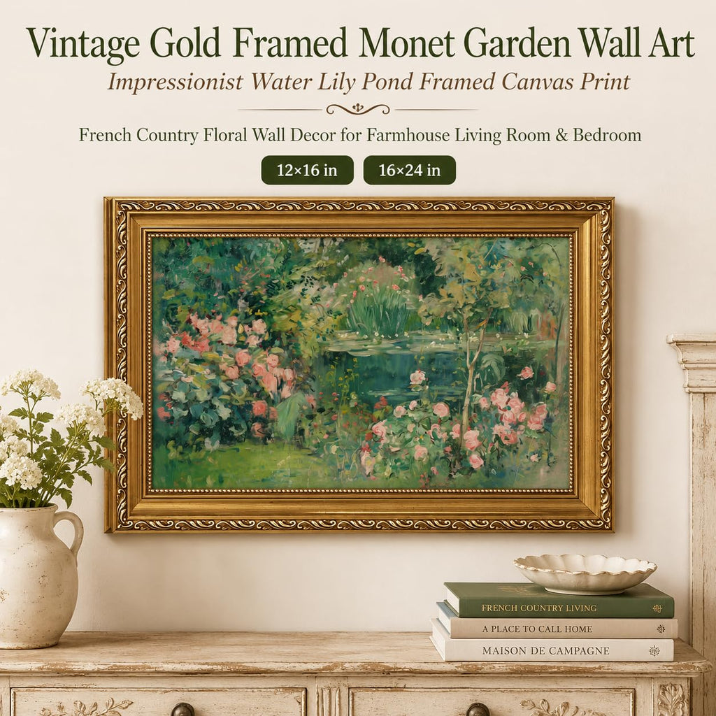 Vintage Gold Framed Monet Garden Wall Art, Impressionist Water Lily Pond Framed Canvas Print, French Country Floral