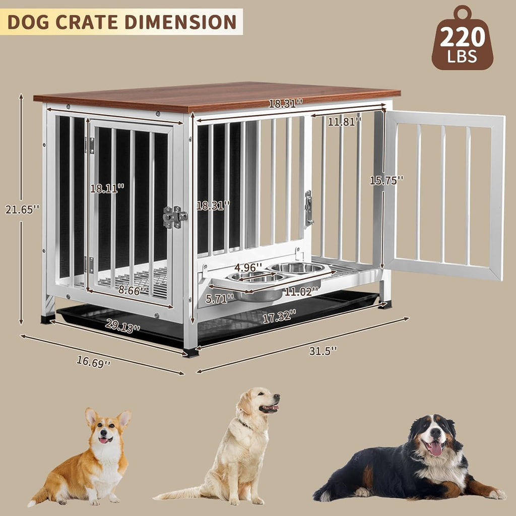 Dog Crate Furniture, 32.5" Wooden Dog Kennel with 360° Swivel Feeder, Dog Cage Indoor for Small and Medium Dogs, Easy