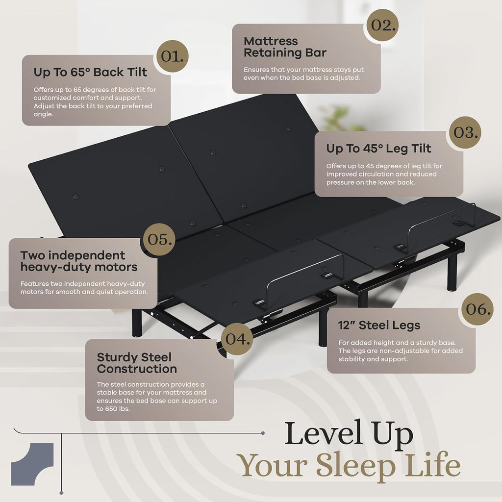 Sven and Son Essential Adjustable Bed Base (Frame) + 12 inch Memory Foam Matt (Medium), Easy Assembly, Head and Foot