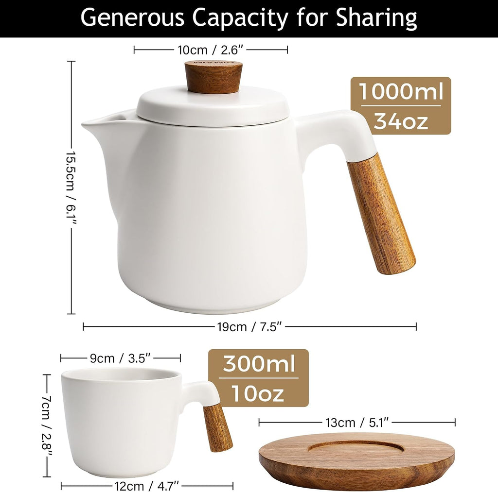 34 Oz Ceramic Tea Pot Set with Infuser and Cups/Tea Strainer, 4 Ceramic Tea Mugs (10 Oz), Bamboo Saucers/Handle
