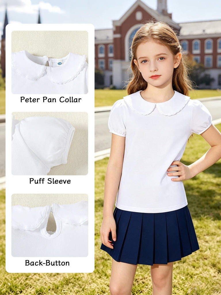Toddler Baby Girls Peter Pan Collar Blouse Kids Girl Solid Color Puff Sleeve T-Shirts Casual Tee Tops