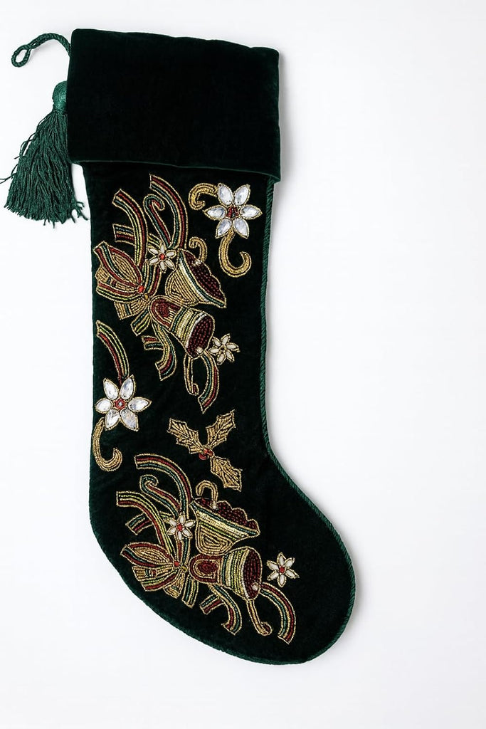 Christmas Stocking for Fireplace Mantel, Green Velvet Embroidered Holiday Stocking with Bird & Floral Design, Elegant