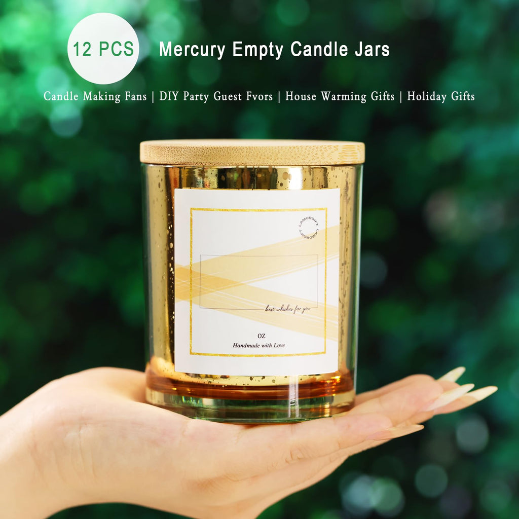 12 Pack Gold Mercury Glass Candle Jars (10oz) with Lids - Candle Makes Accessory Set Including 15 Labels