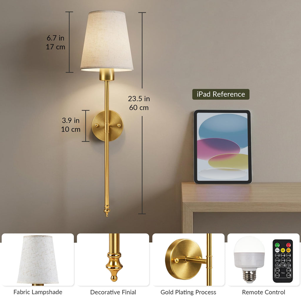 Battery Operated Wall Sconces Set of Two, 3CCT with Remote, Gold