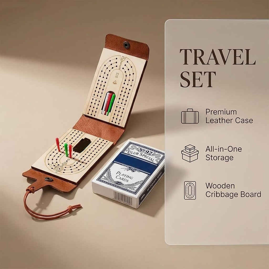 Travel Cribbage Board Game Set, with 6 Pags and 1 Playing Cards,Leather-Wood 3-Track Cribbage Board with Cards & Pegs
