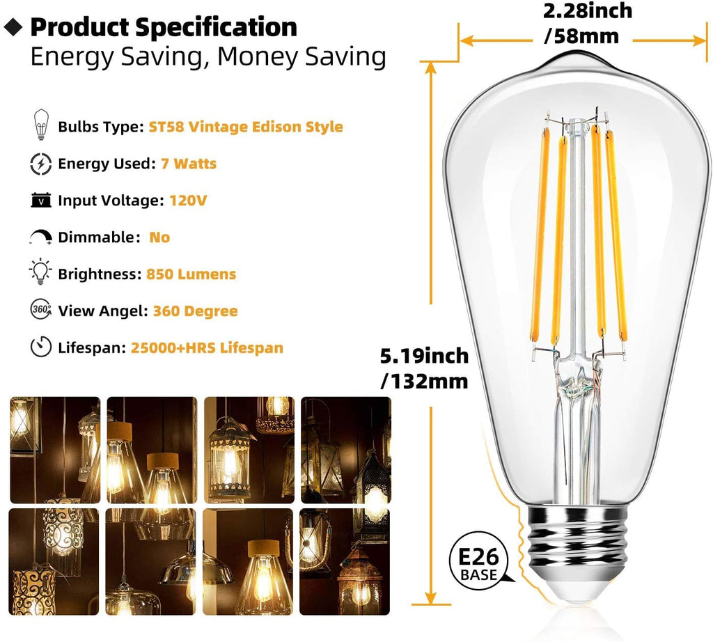 12-Pack Vintage 7W ST58 LED Edison Light Bulbs 60W Equivalent, 850Lumens, 3000K Soft Warm White, E26 Base LED