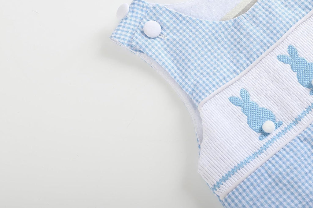 Baby Boys Bunny Smocked Shortalls, Cotton Jon Jon Romper - Spring Summer Toddler One Piece Outfit with Snaps Gift