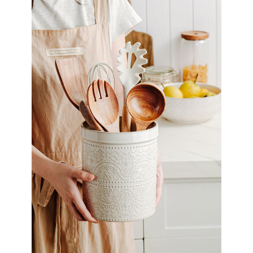 Kitchen Utensil Holder, 7 Inches Large Ceramic Utensil Holder for Countertop, Lace Emboss Cooking Utensil Crocks