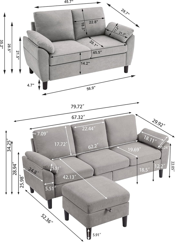 Convertible Sectional Sofa Set, Modern L Shaped 3 Seat Sofa with Reversible Chaise and Love Seat Sofa