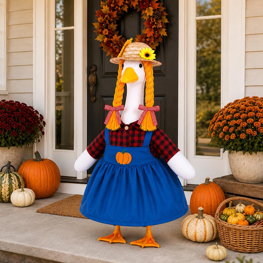 Fall Porch Goose Outfits Pumpkin Dress for 23" Plastic Cement Porch Goose Statue for Harvest Autumn Girl Outdoor