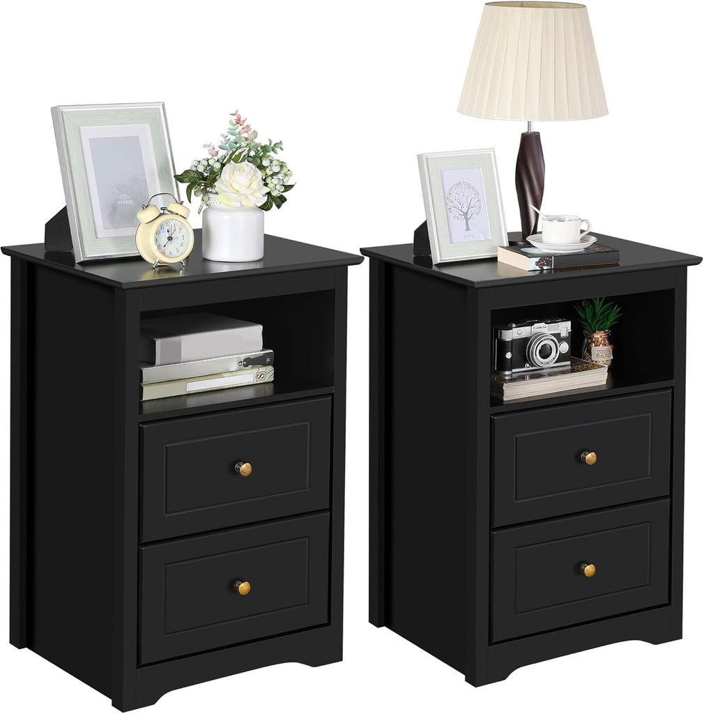 Nightstand Set of 2, Wooden Bedside Tables with 2 Drawer and Cubby, 2Pcs Tall Nightstand Small Space, Bedside Cabinet