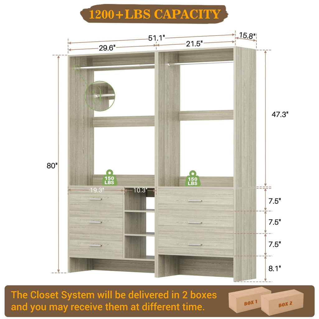 Closet System with 6 Drawers, 4.3ft, Set of 2, White Oak