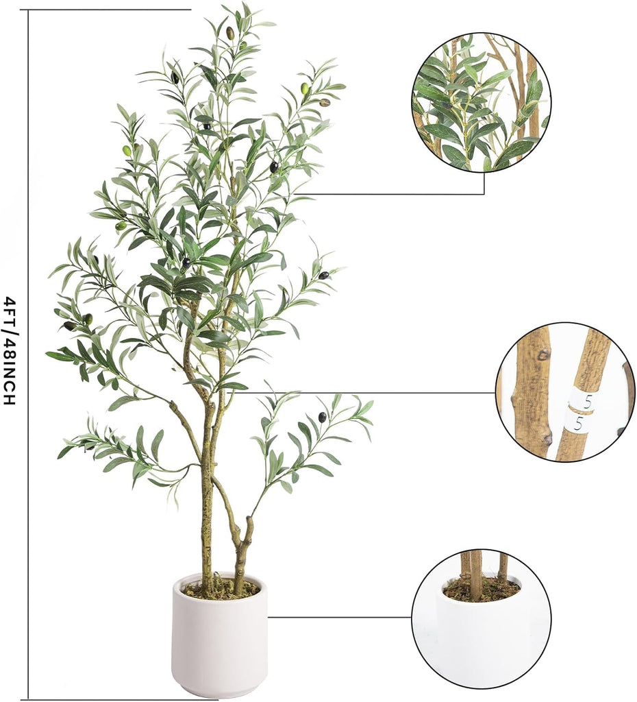 Fake Olive Tree 4FT Tall 1Pack with White Planter Decor