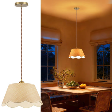 13" Small Gold Rattan Pendant Light, Modern Farmhouse Hanging Lamp with Scalloped Shade, Vintage Coastal Boho