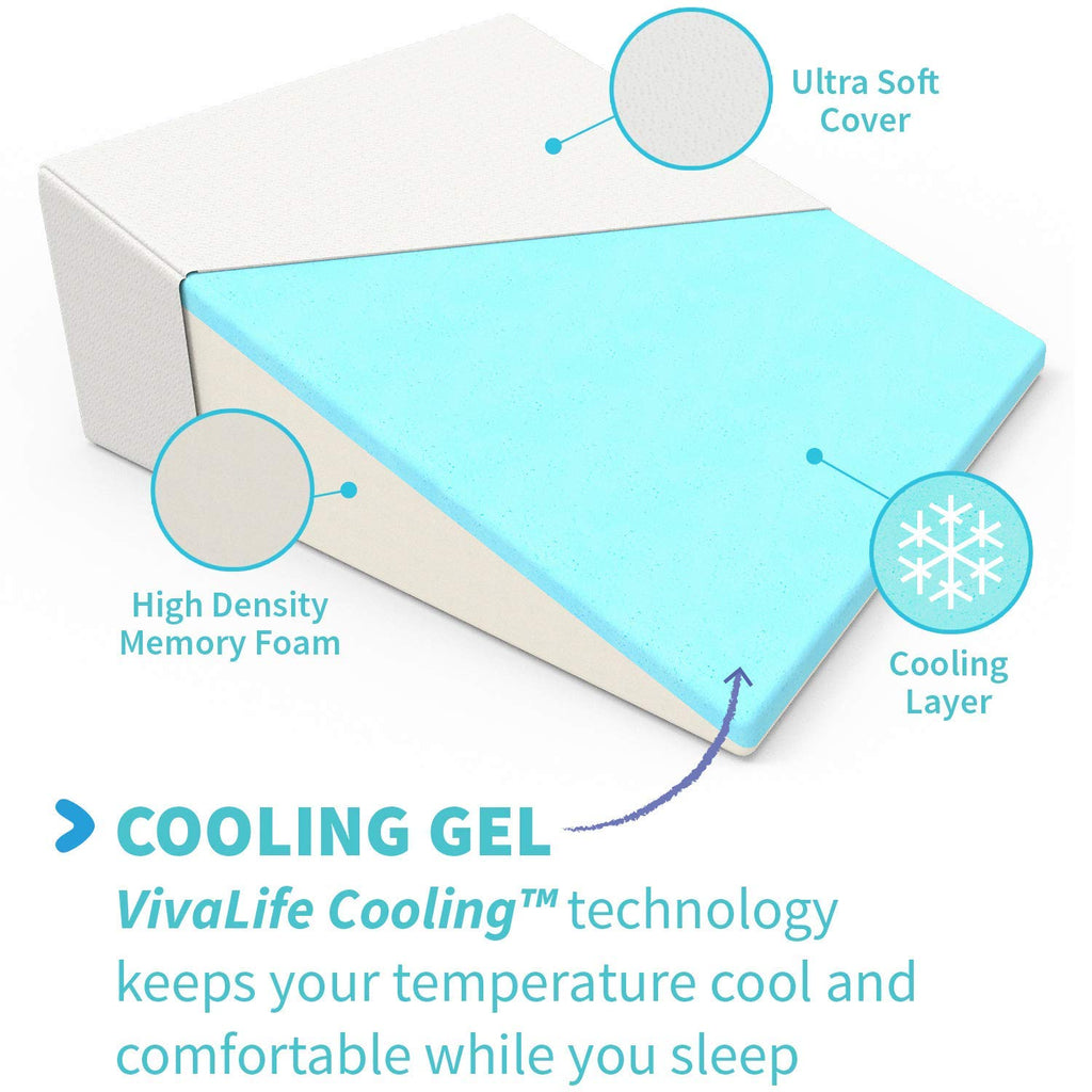 Bed Wedge Pillow Gel Memory Foam Top - Cooling Elevated Support Cushion for Lower Back Pain, Acid Reflux, Heartburn