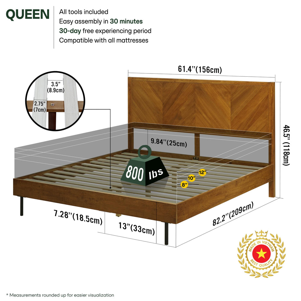 Acacia Alander Bed Frame with Headboard Bed Frame Queen Size Solid Wood Platform Bed, Scandinavian Signature High