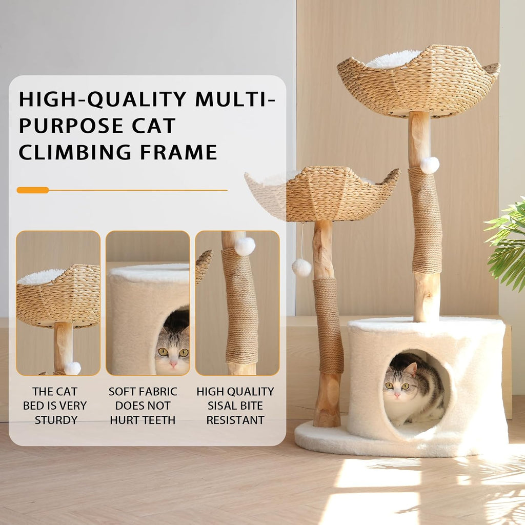 Natural Modern Cat Tree Tower - Wooden Cat Condo with Dangling Ball, Cozy Baskets, Scratching Posts, for Large Indoor