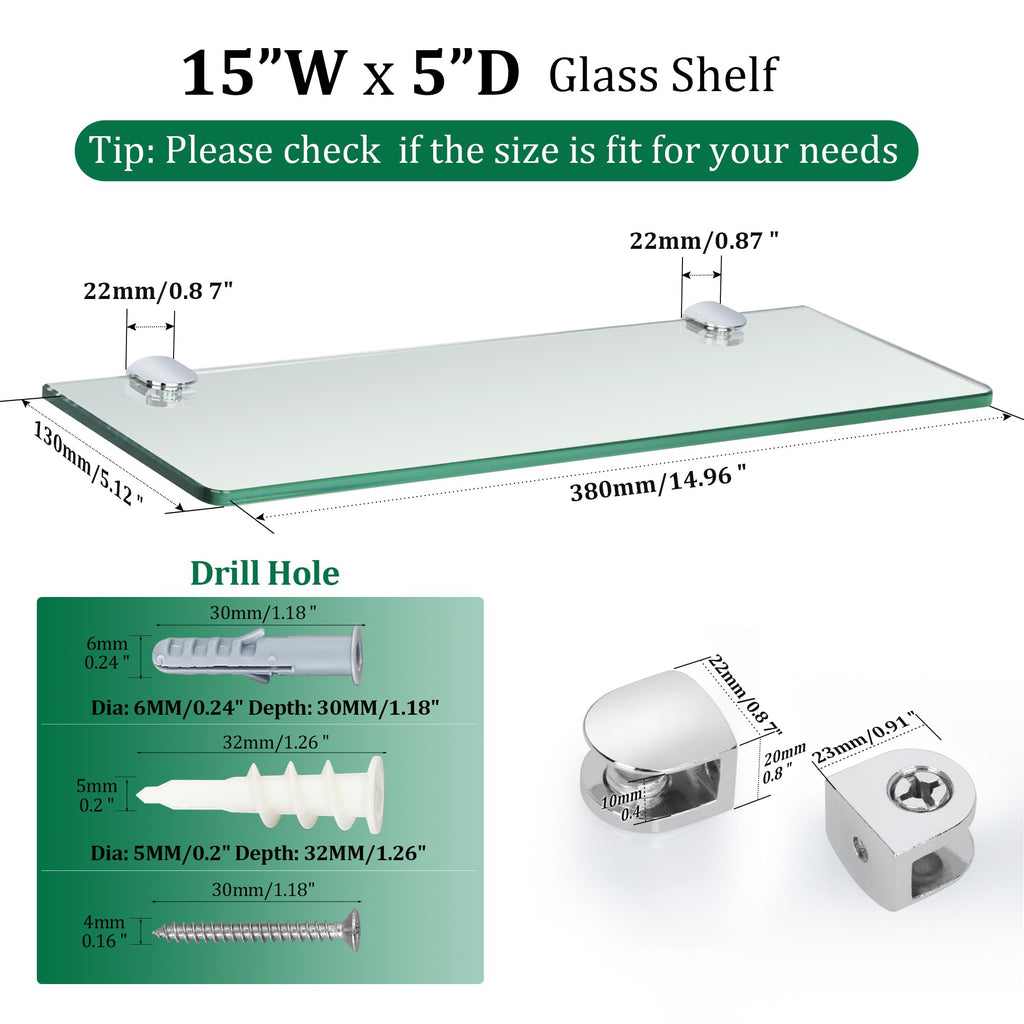 Floating Glass Shelves, Tempered Glass Shelf for Wall 15 x 5 Inch 2 Pack, Clear