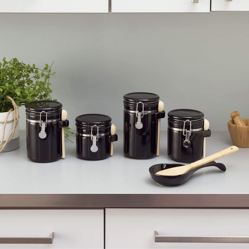 Canister Sets For The Kitchen (4 Piece Set) Black, High Gloss Ceramic By Decorative Kitchen Set With Wooden Spoons