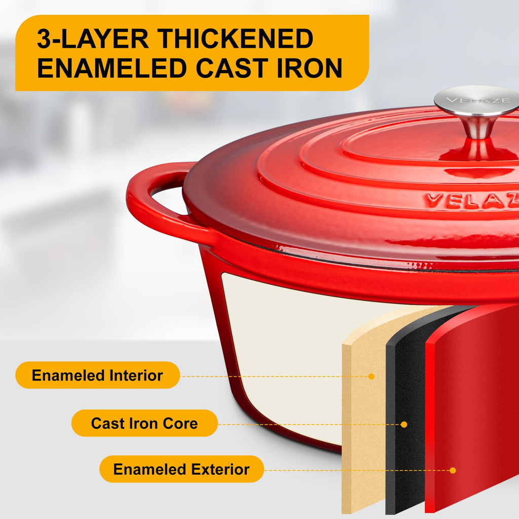 7.5 QT Oval Enameled Cast Iron Dutch Oven Pot with Lid,Red