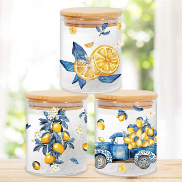 3Pcs Lemon Floral Glass Storage Jars with Airtight Lid Yellow Lemon Blue Leaves Tiles Truck Decorative Candy