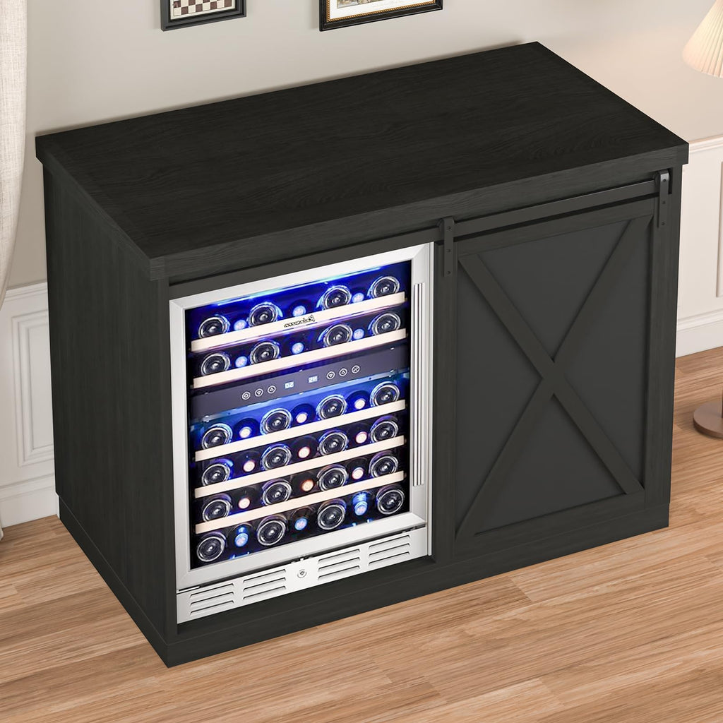 49'' Coffee Bar Cabinet with Fridge Space, Wine Cabinet with Rack, Power Outlet Living Room, Black