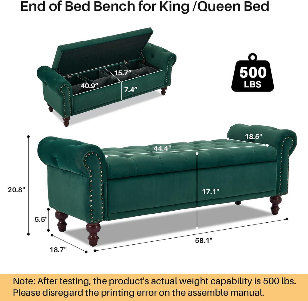 58.1" Storage Bench , Velvet Upholstered, Dark Green | End of Bedroom Bed Bench Ottoman with Tufted Cushioned Rolled