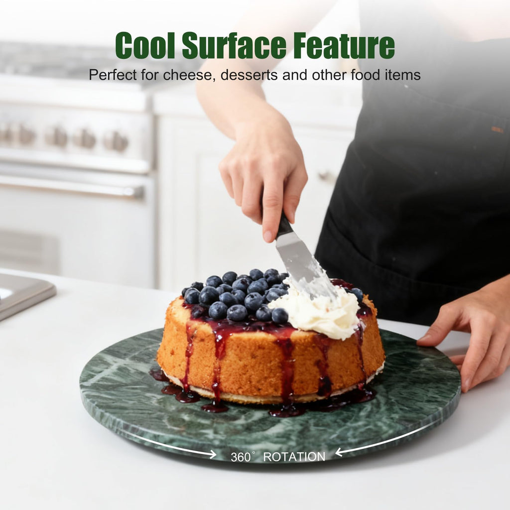 12" Marble Lazy Susan Turntable - 100% Natural Stone Round Serving Tray with Silent Spinning, Revolving Cake Stand &