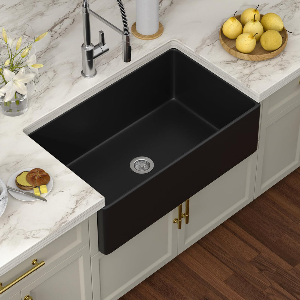 Black Fireclay Farmhouse Sink - 33 Inch Matte Black Apron Front Farm Sink Porcelain Farms House Style Single Bowl