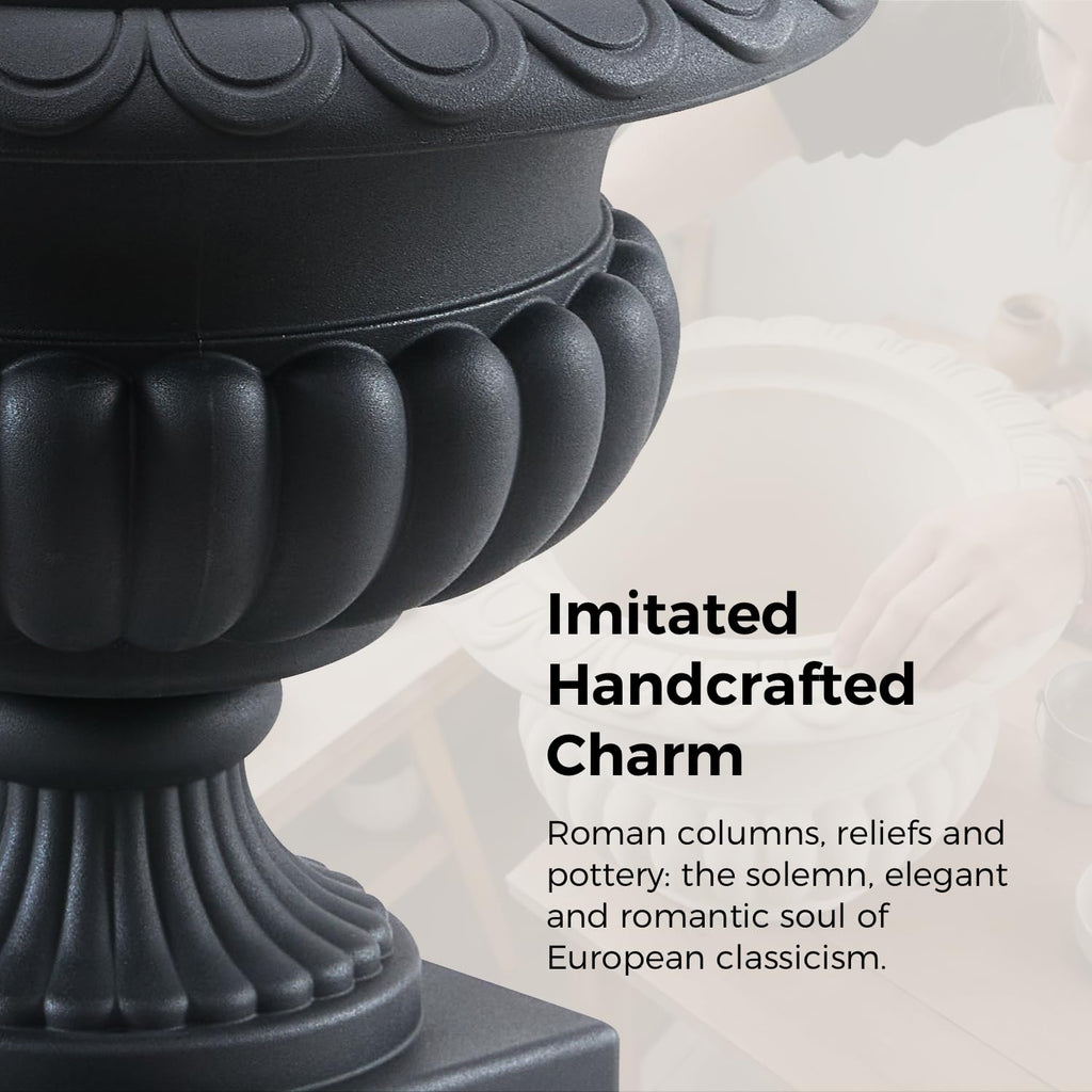 20" H Large Matte Black Roman Urn Planter, Lightweight Plastic Flower Pot