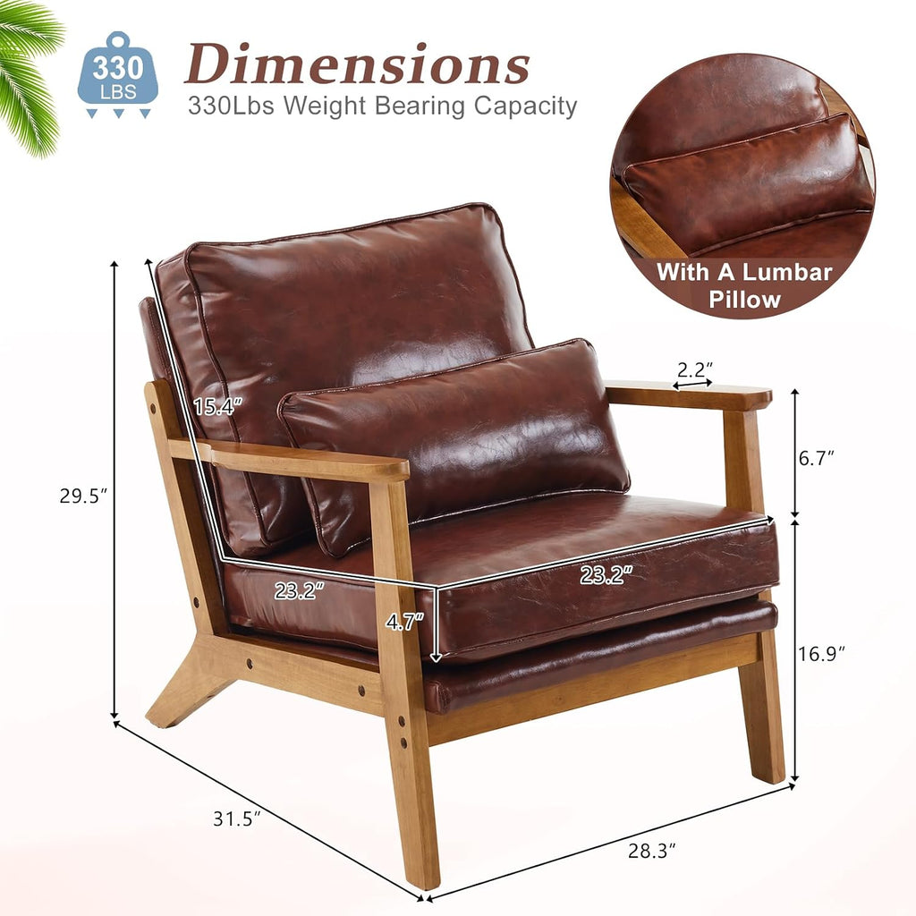 Solid Wood Wide Armrests Accent Chair,Upholstered Mid Century Modern Chair with Pillow,Comfy Reading Chair Farmhouse