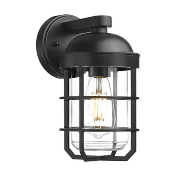 1-Light Outdoor Wall Sconce, Metal Cage Industrial Exterior Wall Light Fixture, Clear Tempered Glass with Black