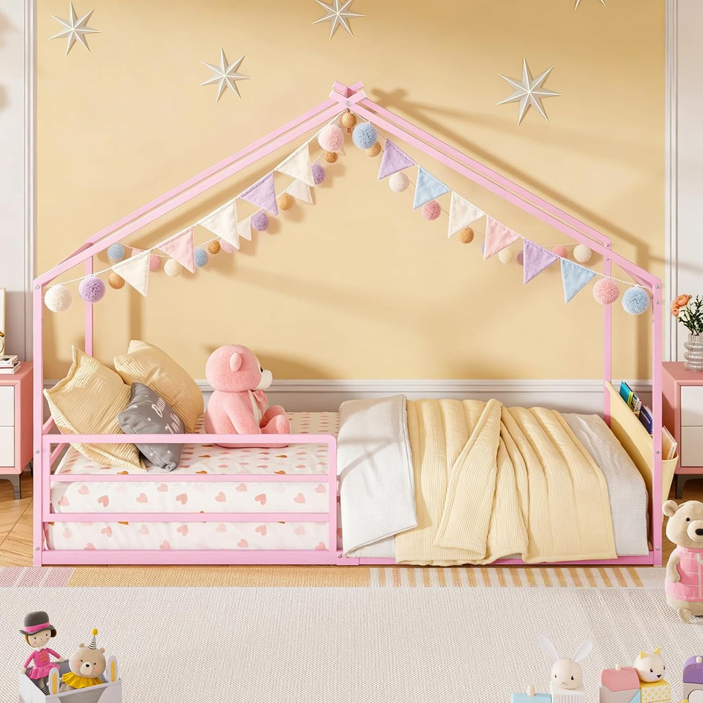 Metal Montessori House Bed for Kids, Pink