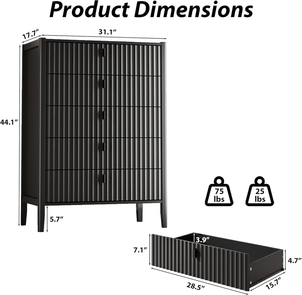 Black 5 Drawer Dresser, Modern Tall Dresser , Fluted Wood Chest of Drawers with Deep Drawers for Clothes, Storage