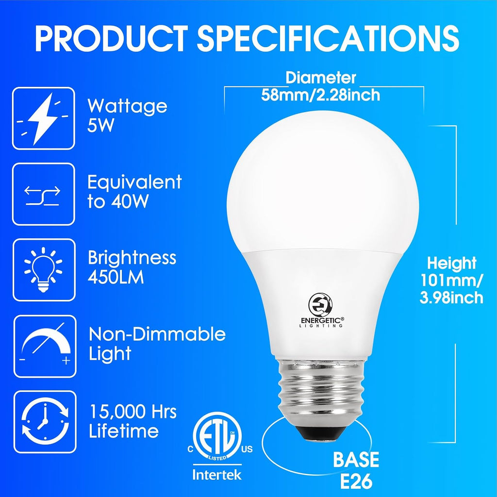 40W Equivalent A19 LED Light Bulb, Soft White 2700K, E26 Standard Base, ETL Listed, 5W 450lm Non-Dimmable LED Light