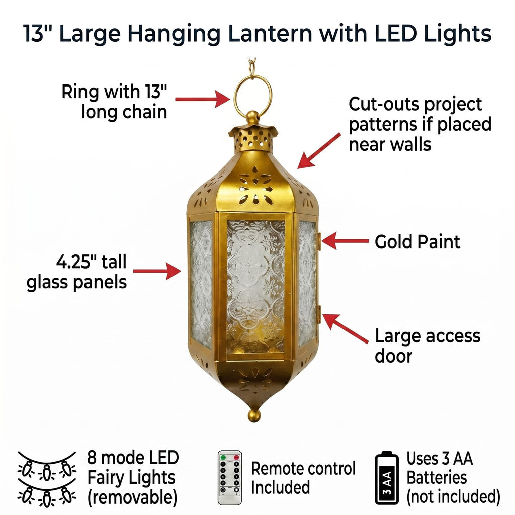 Hanging Moroccan Lantern with LED Twinkle Fairy Lights - Exotic Decorative Patio & Porch Decor, Indoor Outdoor Candle
