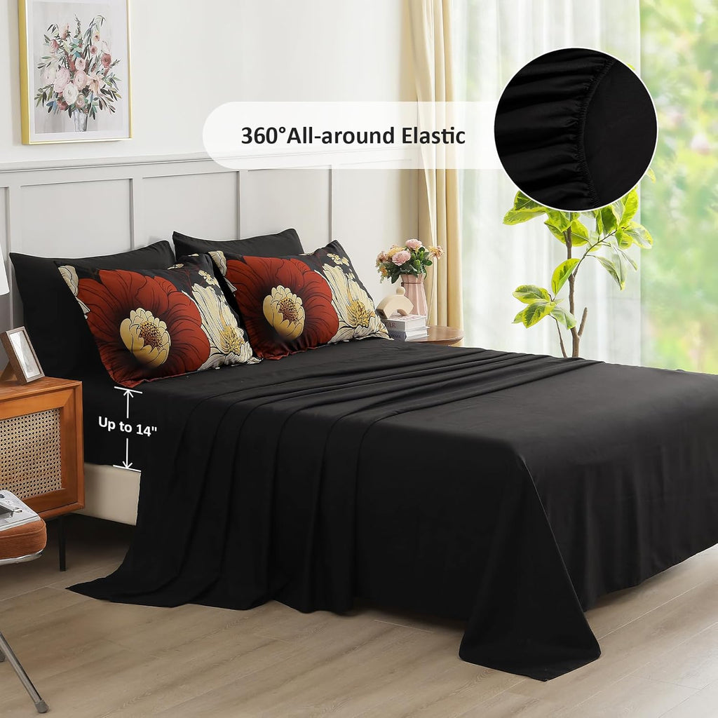 Xruibed Black Floral Comforter Set Queen 7 Pieces Bed in a Bag Flower Bedding Sets Lightweight Boho Bed Set with