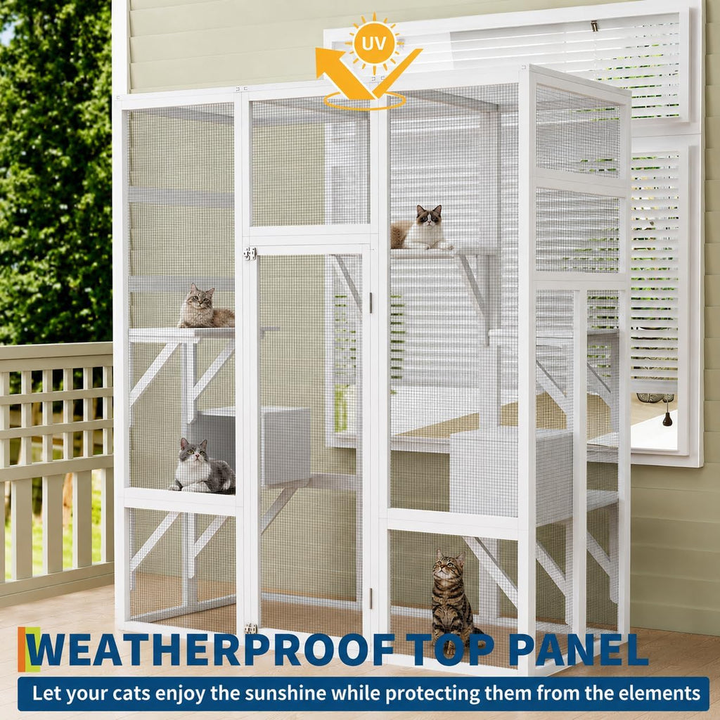 70" Large Outdoor Catio Cat Enclosure, Wood Cat Patio with Waterproof UV-Resistant Roof, Cats Shelter with 5
