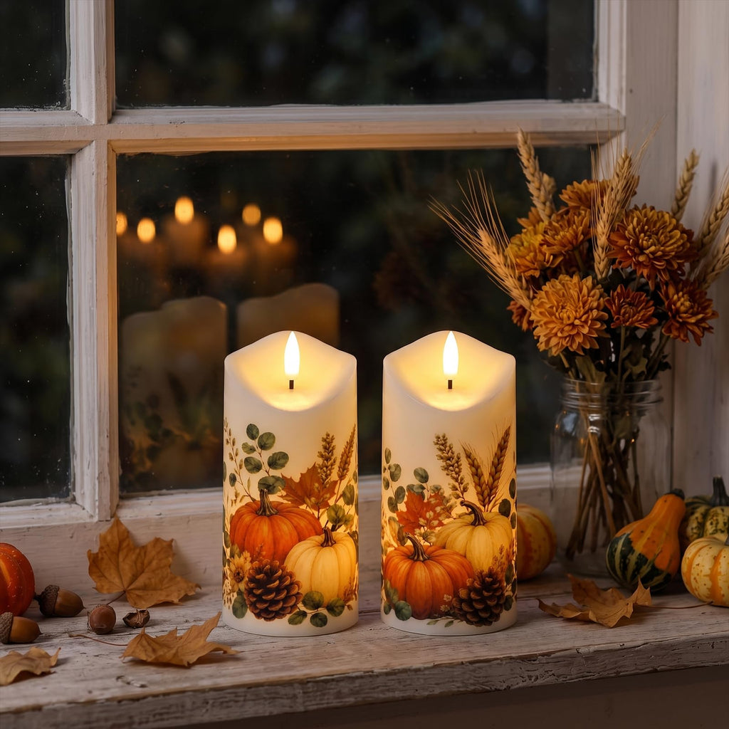 Fall Decor, Flameless Pumpkin Pillar Candles with Remote