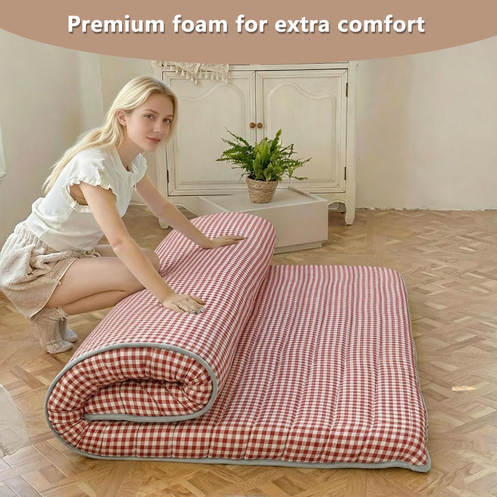 Red Gingham Japanese Floor Mattress, 39" x 80", 3.5" Thick