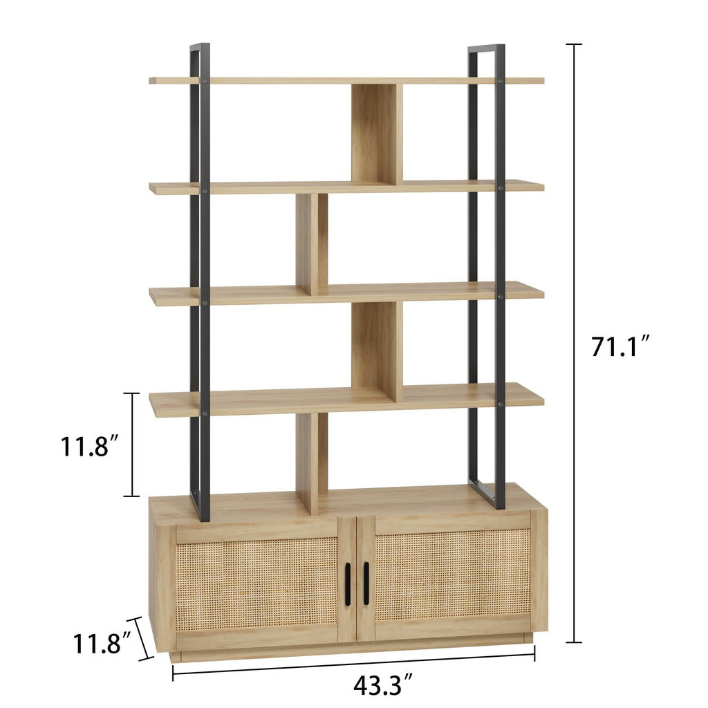 71.1 Inch 5 Tier Rattan Bookshelf with Storage Cabinet & Door