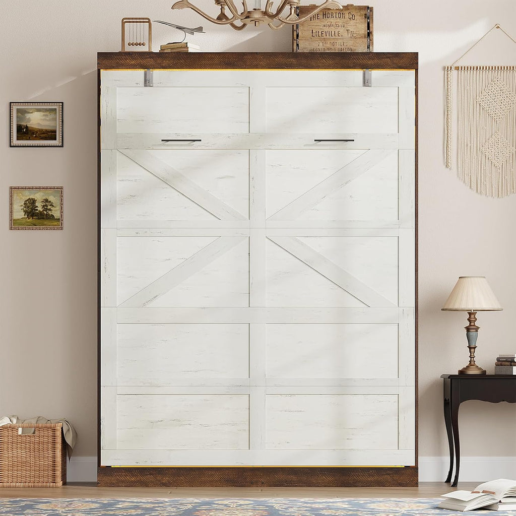 Queen Murphy Bed with 2 LED Lights, Farmhouse Wood Hidden Foldable Wall Bed Frame w/Gas Struts, Storage Bed Cabinet
