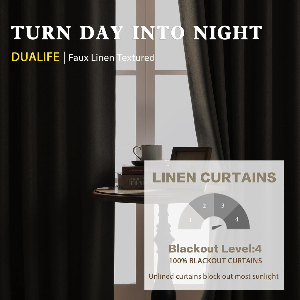 Faux Linen Full Blackout Curtains Vertical Drapes for Patio Sliding Glass Door,Back Tab Pinch Pleated Window
