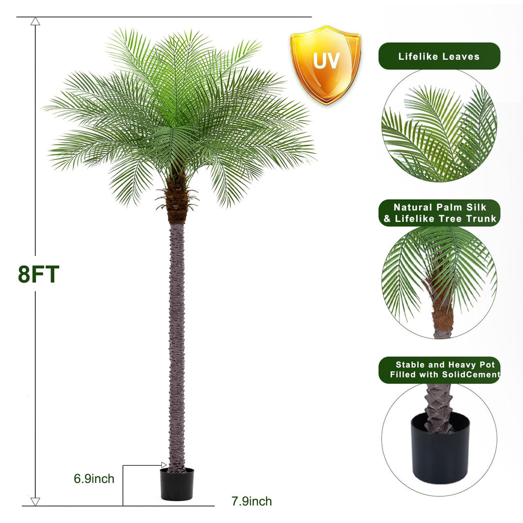 8ft Artificial Phoenix Palm Tree, Faux Coconut Silk Tropical Fake Palm Plant for Indoor Outdoor Home Office Patio